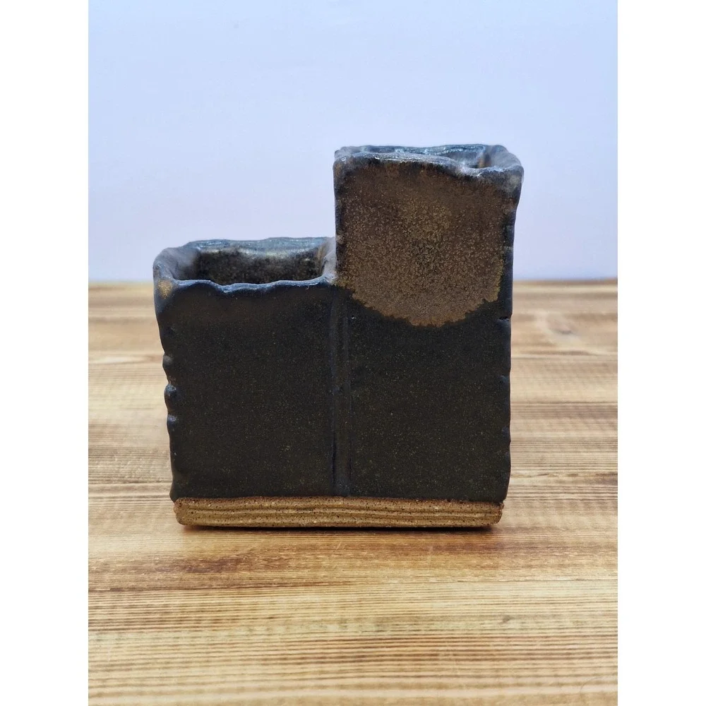 Pen Pencil Holder Earthen Tone‎ ware 4 Slot Tired Hand-crafted Artisan Glaze Vtg
